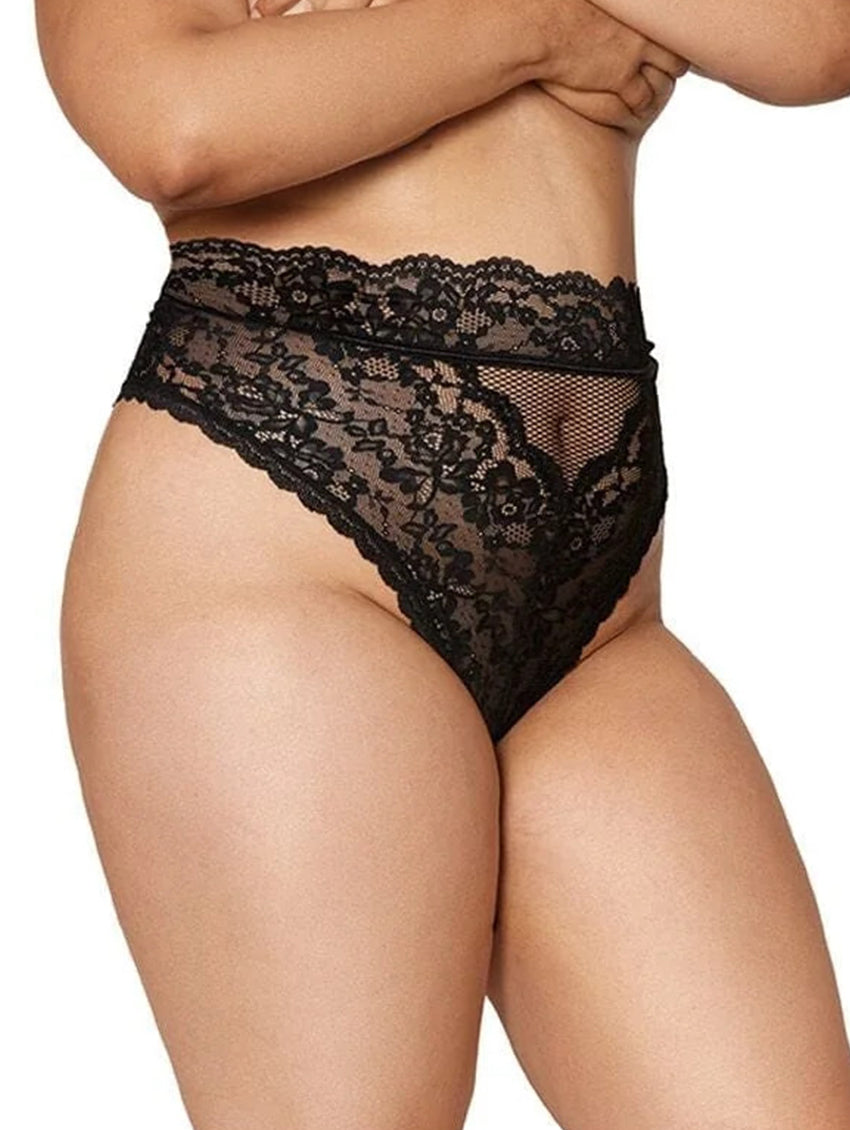 Floral Lace High-Waist Thong in Black