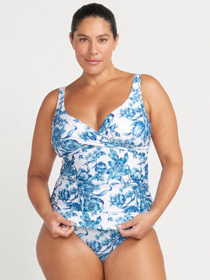 Front view of person in ArteSands Delacroix Tankini Top in blue floral print