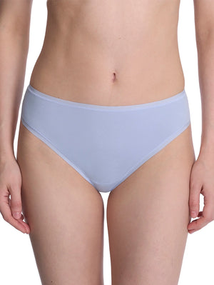 Front view of person in Natori Bliss Bare Cotton Thong in Glacier Blue