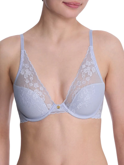 Front view of person in Natori Cherry Blossom Plunge Bra in Glacier Blue